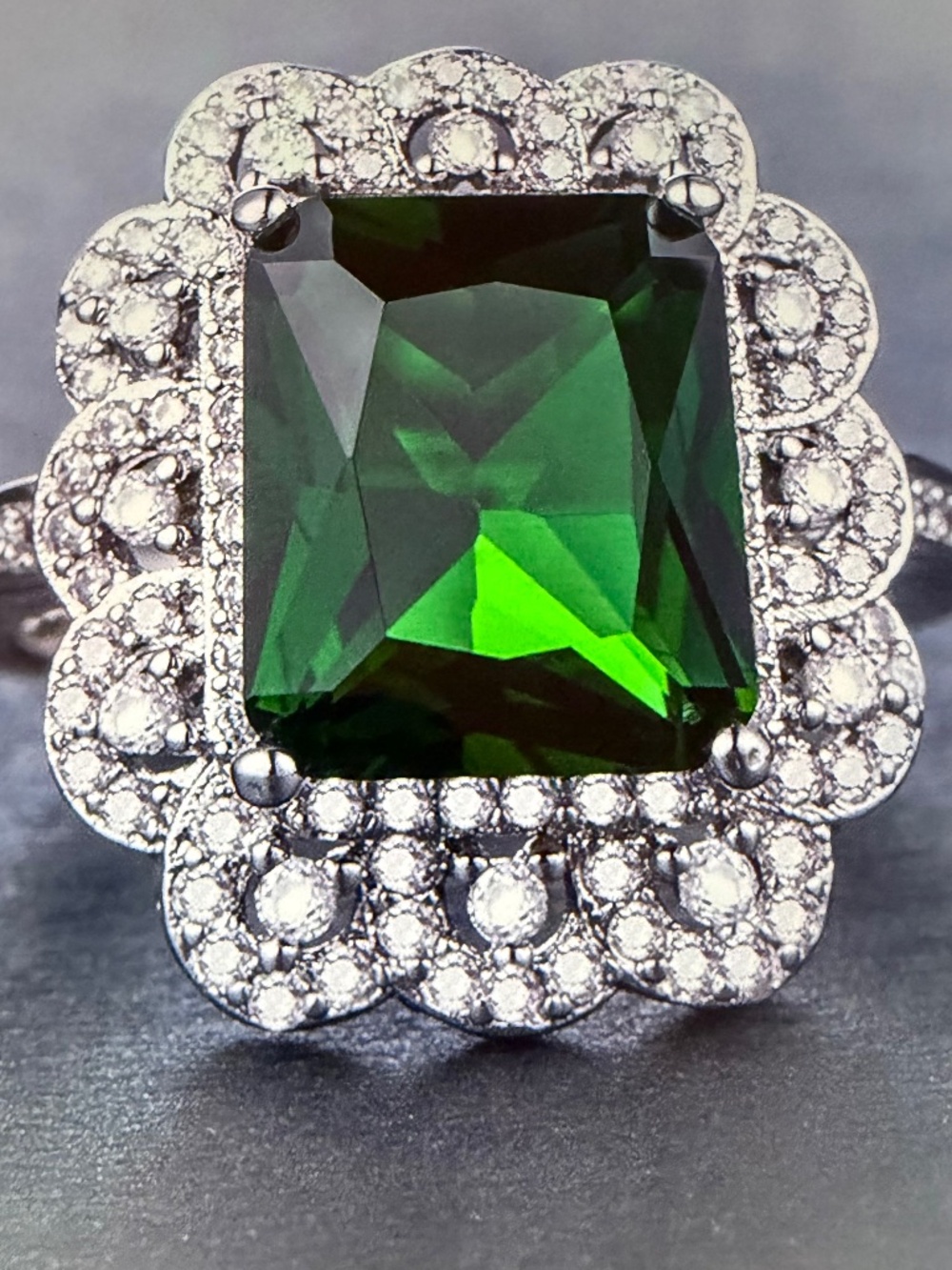4 Carat Emerald and White Sapphire Princess Cut Ring: 14kt White Gold/ Silver